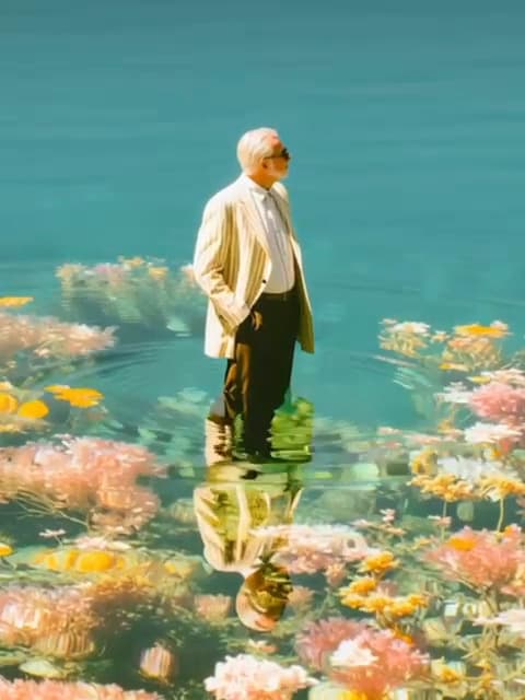A figure standing in still floral water