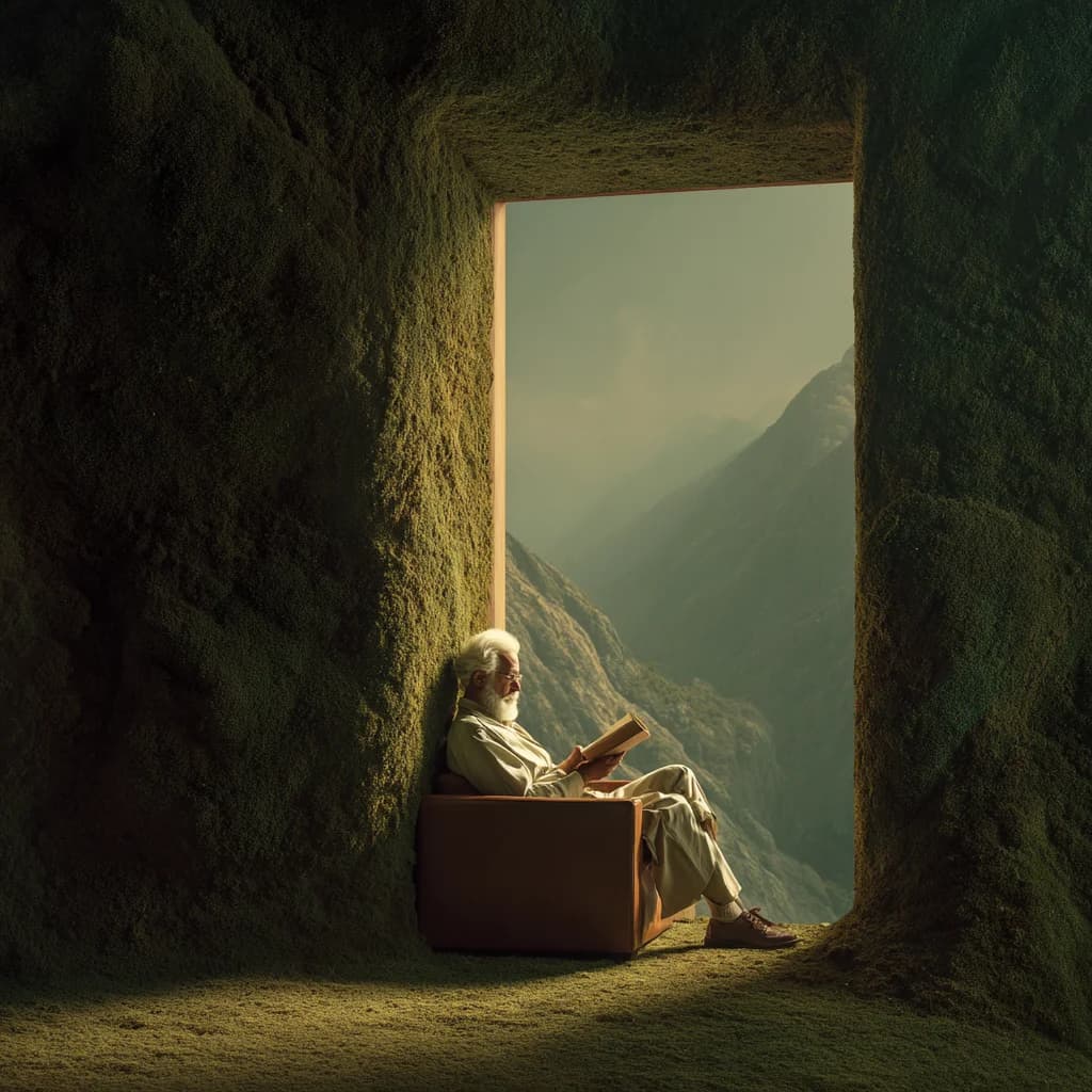 A reader framed by a cave window over a valley