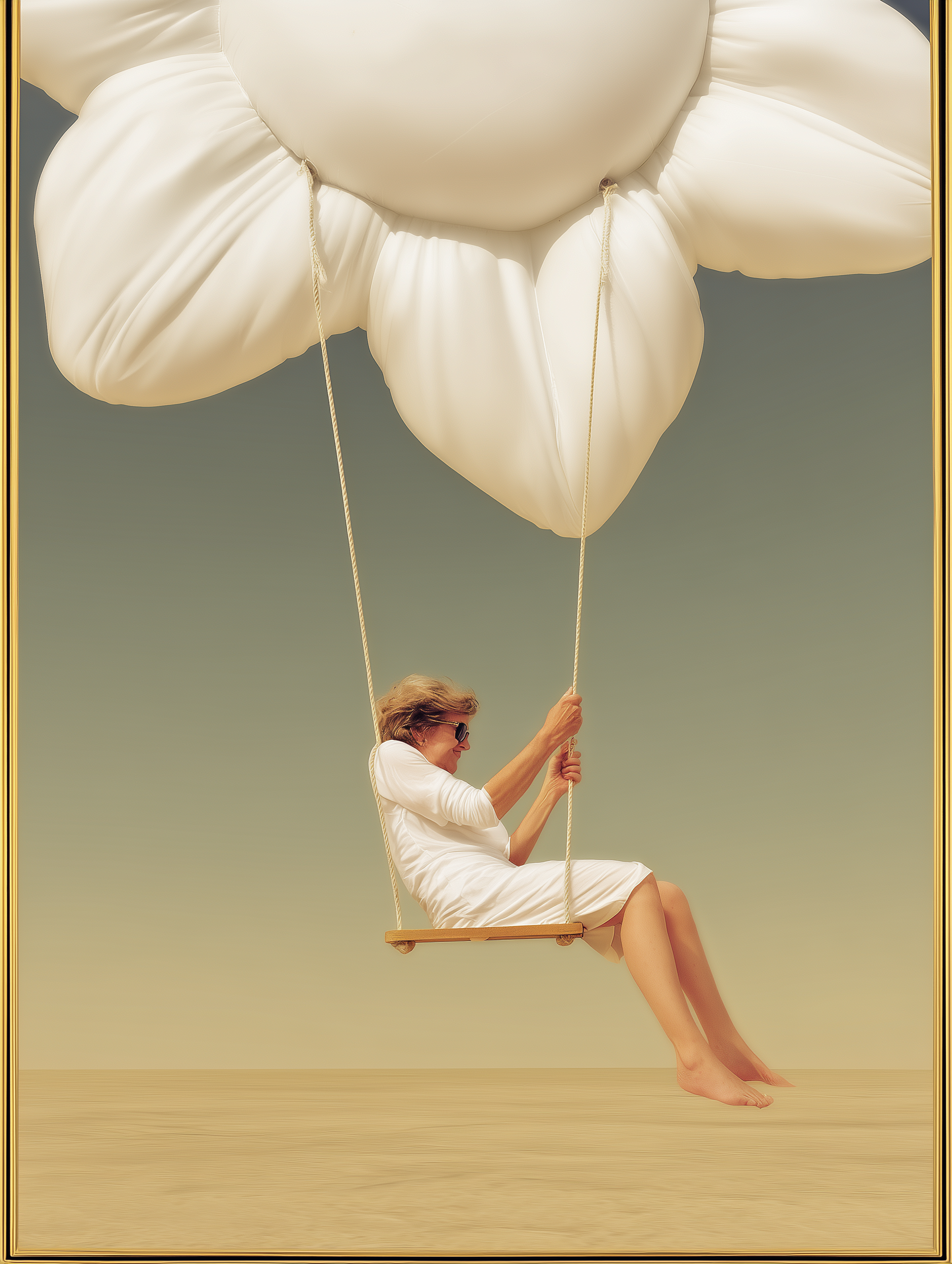 Woman floating above desert landscape - surreal travel moment